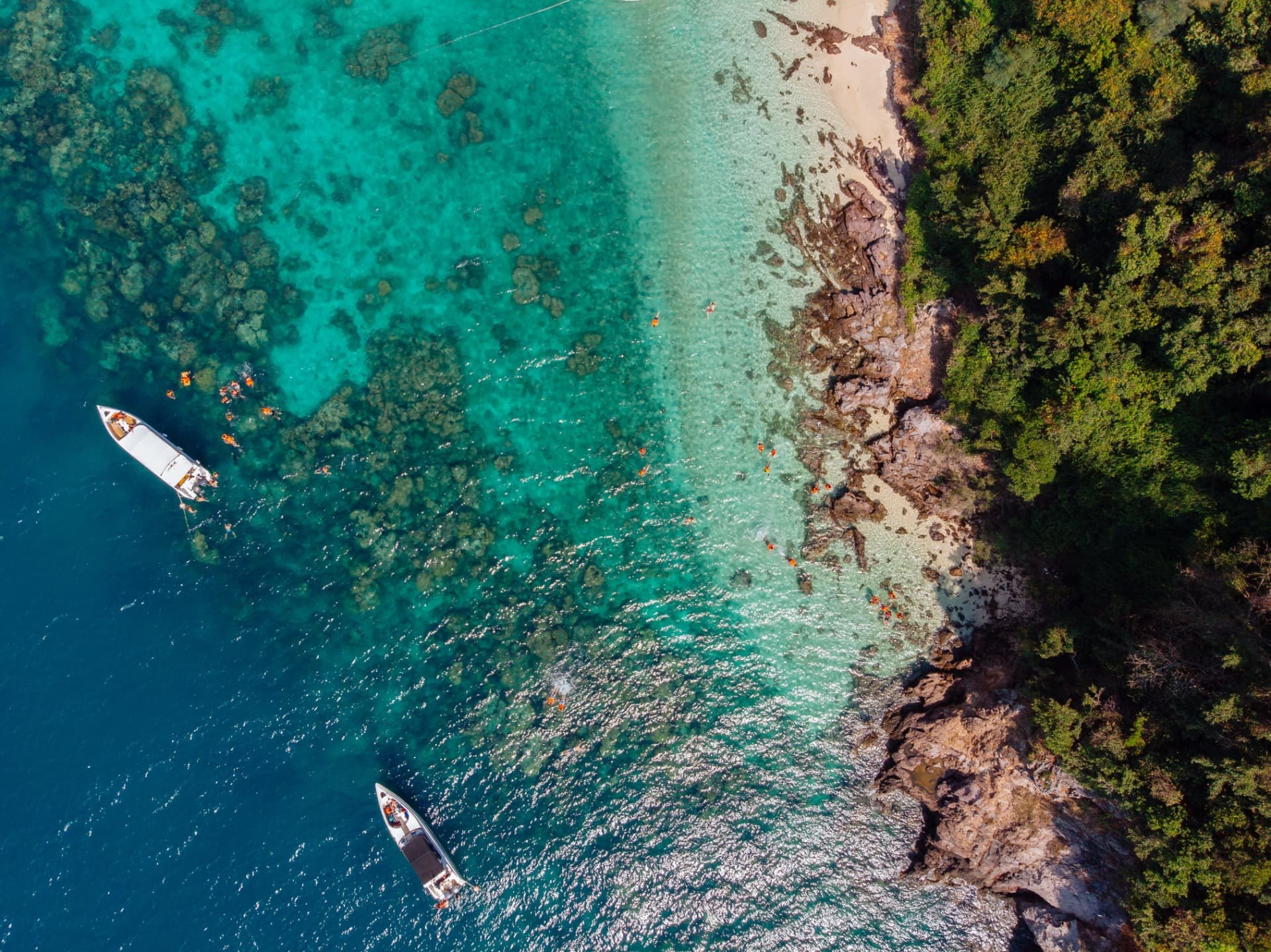 Aerial view of boats anchored over clear reef water beside a tree covered shoreline